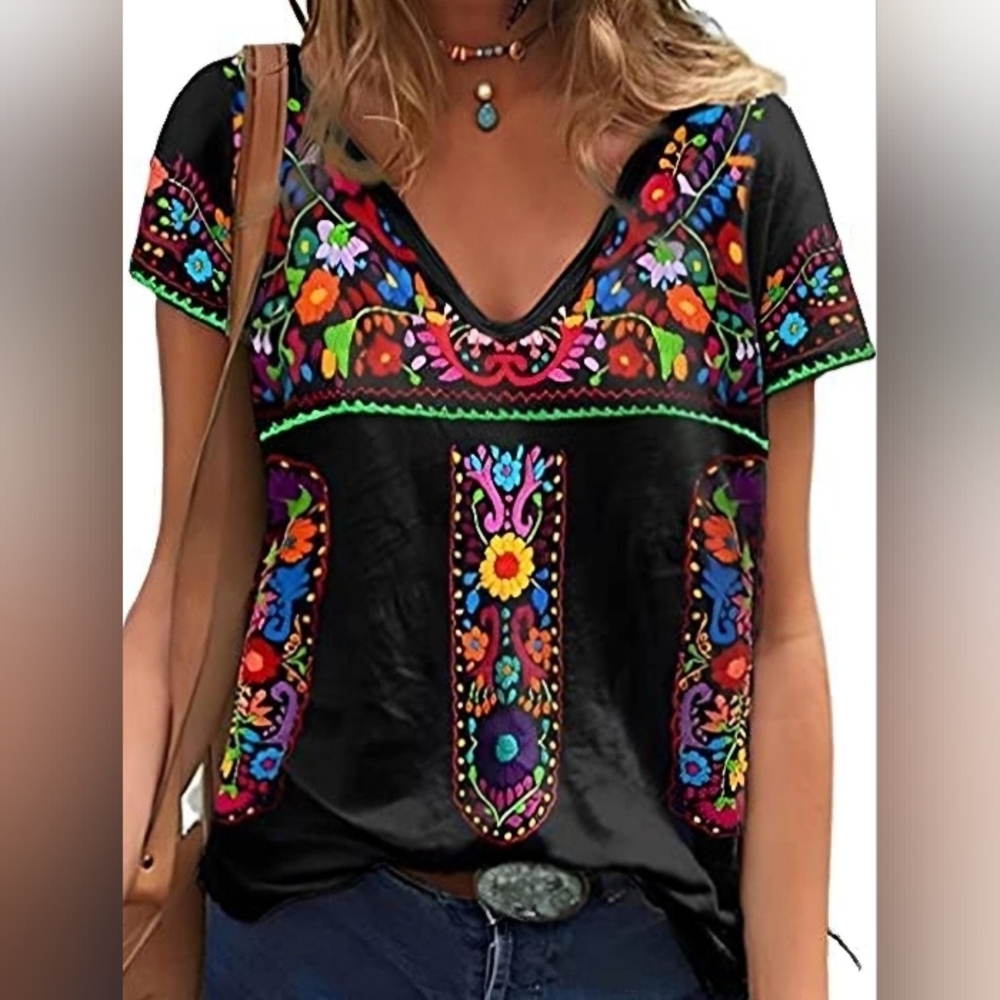 Women's Black Short Sleeve V-Neck Tee with Colorful Floral Print - Picture 2 of 5